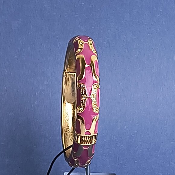 H Pattern Rhinestone Enamel Hinge Bangle Clamper Bracelet Gold Tone - Picture 2 of 6